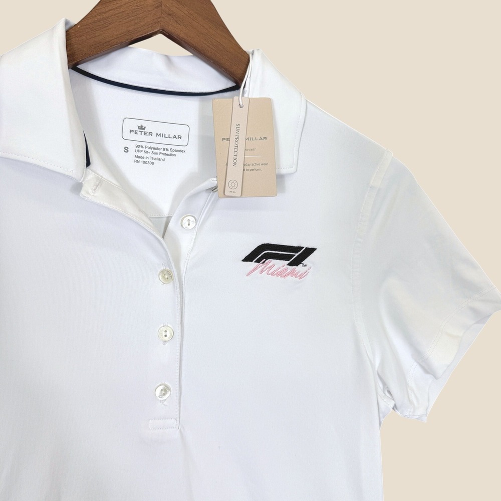 New Peter Millar Polo Women S White F1 Miami Grand Prix UPF 50 Formula One Golf